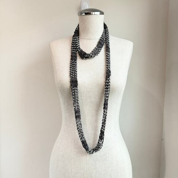 Y2K-inspired Crocheted Skinny Scarf with Beaded Embellishment – Gray & Silver - Picture 1 of 5
